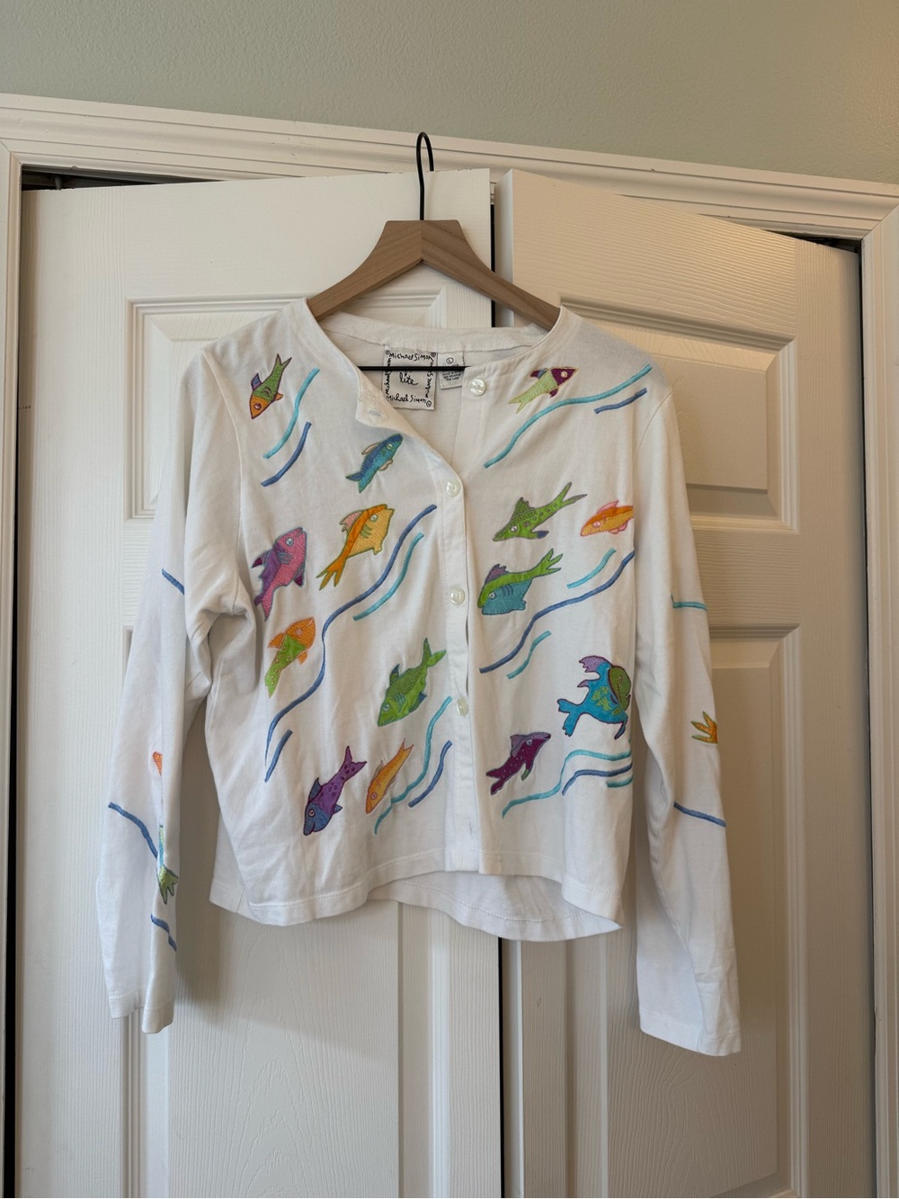 Michael Simon Fish Embroidered Cardigan 100% Cotton Colorful Coastal Sz S